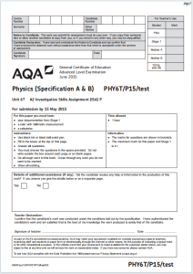 Alevel牛津物理2015年真题下载《AQA A-Level Physics Unit 6 Investigative Skills Assignment PHY6T/P15/test June 2015》