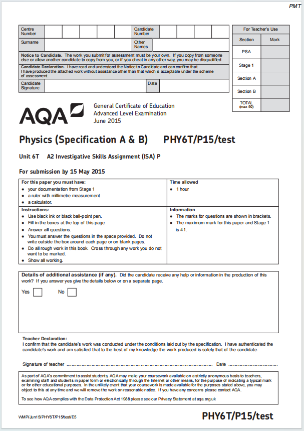 Alevel牛津物理2015年真题下载《AQA A-Level Physics Unit 6 Investigative Skills Assignment PHY6T/P15/test June 2015》