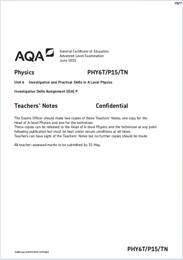 Alevel牛津物理2015年真题下载《AQA A-Level Physics Unit 6T Teachers' Notes June 2015》