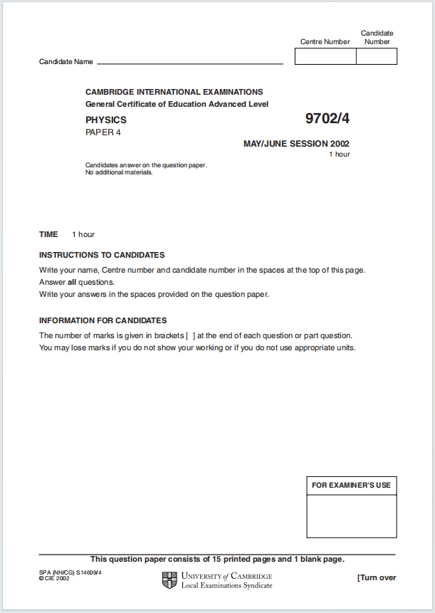 Alevel剑桥物理2002年真题下载《Cambridge A-Level Physics Paper 4 Advanced Theory May/June session 2002》