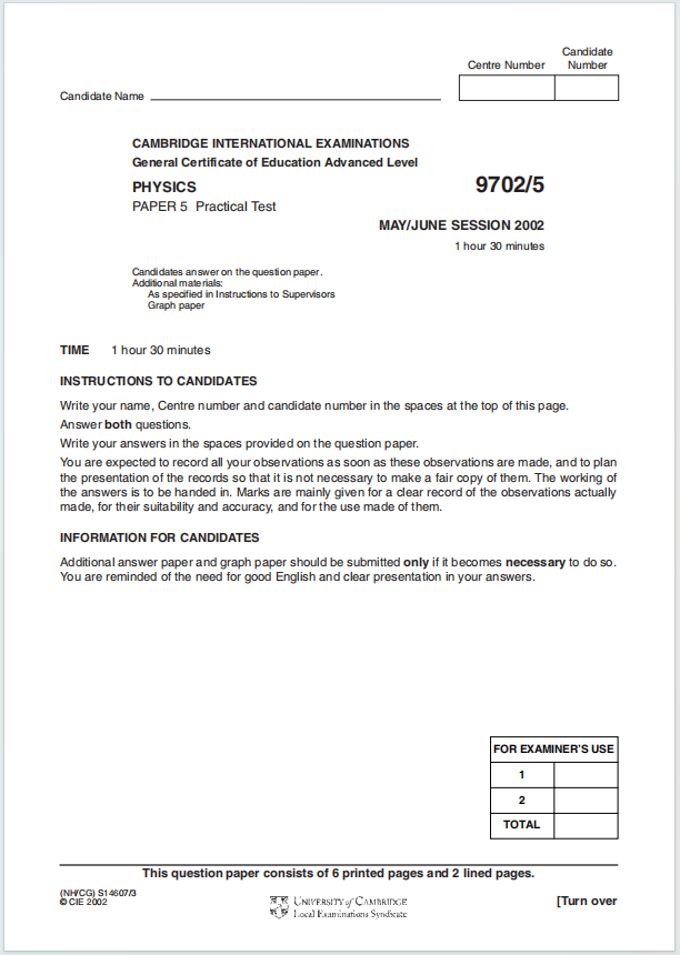 Alevel剑桥物理2002年真题下载《Cambridge A-Level Physics Paper 5 Practical Test May/June session 2002》
