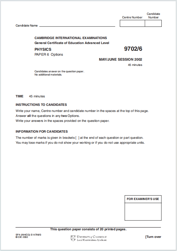 Alevel剑桥物理2002年真题下载《Cambridge A-Level Physics Paper 6 Options May/June session 2002》
