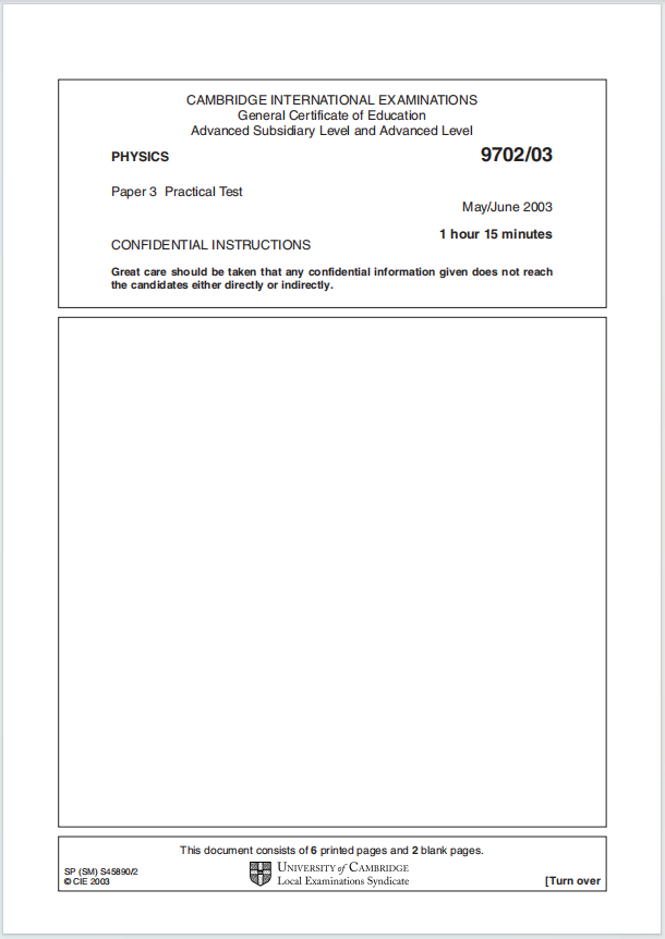Alevel剑桥物理2003年真题下载《Cambridge A-Level Physics Paper 3 Practical Test May/June 2003》