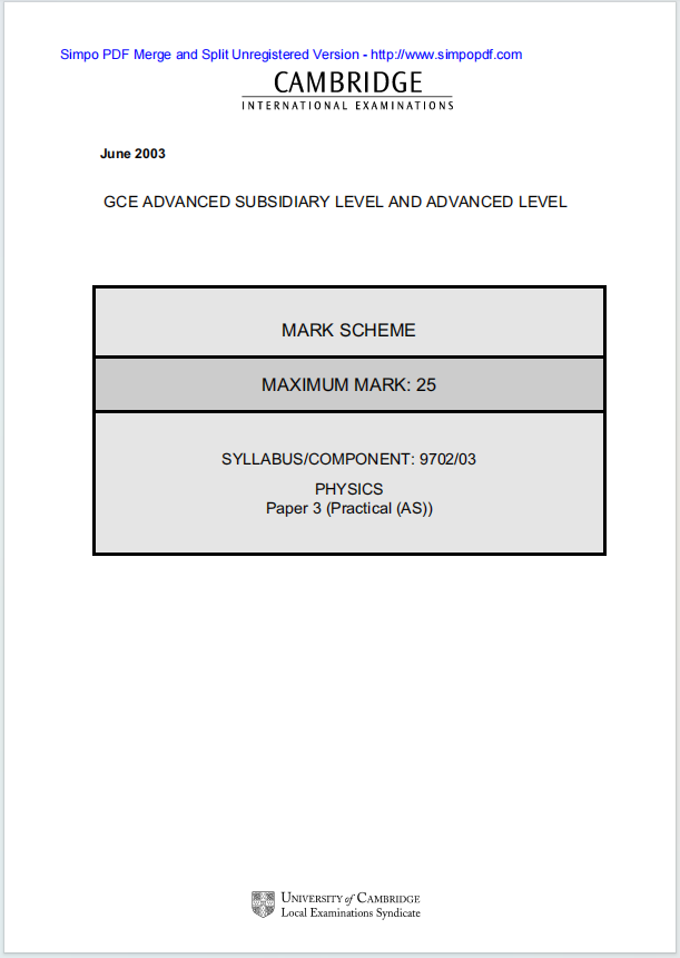 Alevel剑桥物理2003年真题评分方案下载《Cambridge AS-Level Physics Paper 3 Practical Test Mark Scheme June 2003》