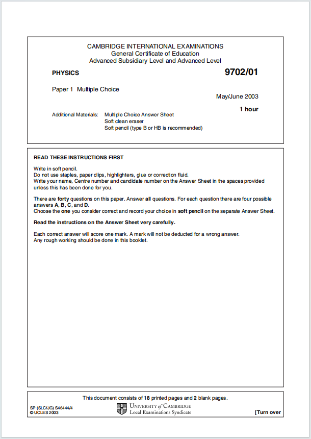 Alevel剑桥物理2003年真题下载《Cambridge AS-Level Physics Paper 1 Multiple Choice May/June 2003》