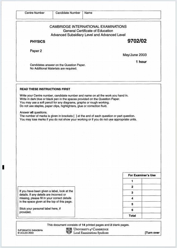 Alevel剑桥物理2003年真题下载《Cambridge AS-Level Physics Paper 2 May/June 2003》