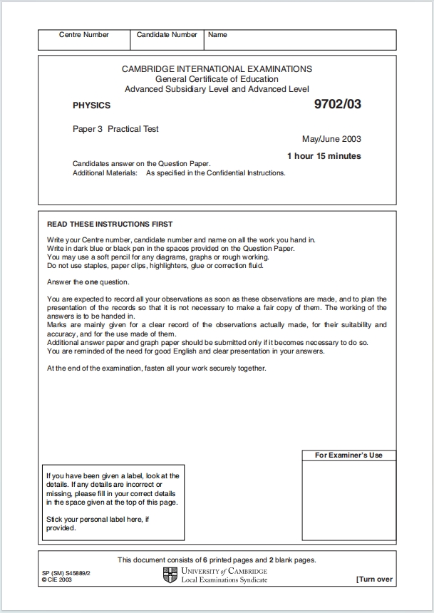 Alevel剑桥物理2003年真题下载《Cambridge AS-Level Physics Paper 3 Practical Test May/June 2003》