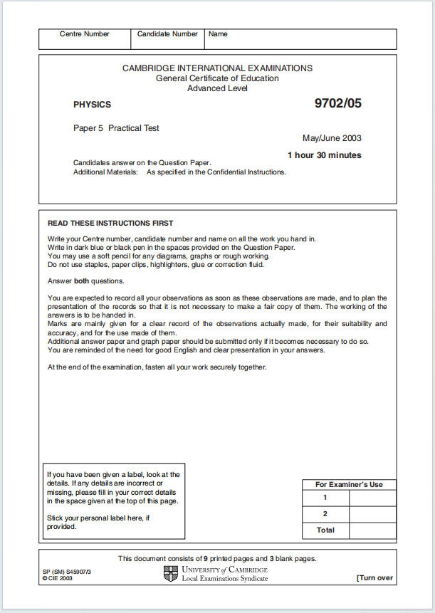 Alevel剑桥物理2003年真题下载《Cambridge A-Level Physics Paper 5 Practical Test May/June 2003》