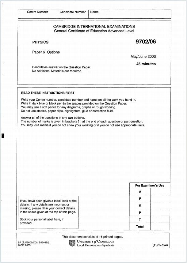 Alevel剑桥物理2003年真题下载《Cambridge A-Level Physics Paper 6 Options May/June 2003》
