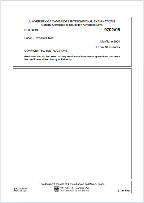 Alevel剑桥物理2004年真题下载《Cambridge A-Level Physics Paper 5 Practical Test May/June 2004》