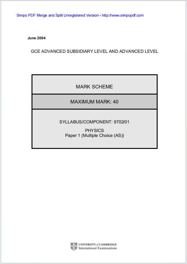 Alevel剑桥物理2004年真题评分方案下载《Cambridge A-Level Physics Paper 1 Multiple Choice Mark Scheme June 2004》
