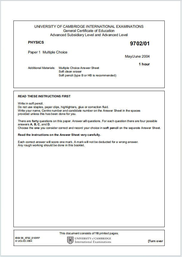 Alevel剑桥物理2004年真题下载《Cambridge A-Level Physics Paper 1 Multiple Choice May/June 2004》