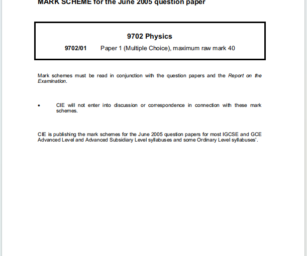 Alevel剑桥物理2005年真题评分方案下载《Cambridge A-Level Physics Paper 1 Multiple Choice Mark Scheme June 2005》