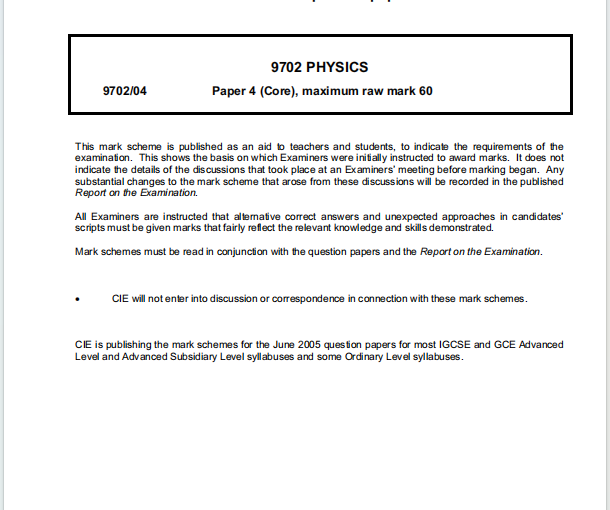 Alevel剑桥物理2005年真题评分方案下载《Cambridge A-Level Physics Paper 4 Core Mark Scheme June 2005》