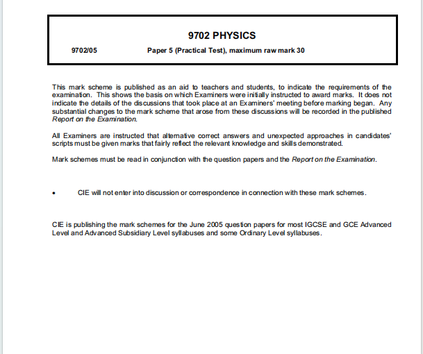 Alevel剑桥物理2005年真题评分方案下载《Cambridge A-Level Physics Paper 5 Practical Test Mark Scheme June 2005》