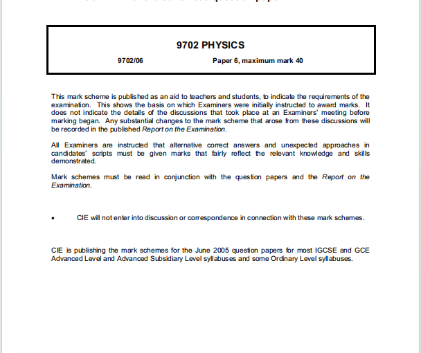 Alevel剑桥物理2005年真题评分方案下载《Cambridge A-Level Physics Paper 6 Practical Test Mark Scheme June 2005》