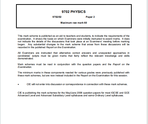 Alevel剑桥物理2006年真题评分方案下载《Cambridge A-Level Physics Paper 2 Mark Scheme May/June 2006》