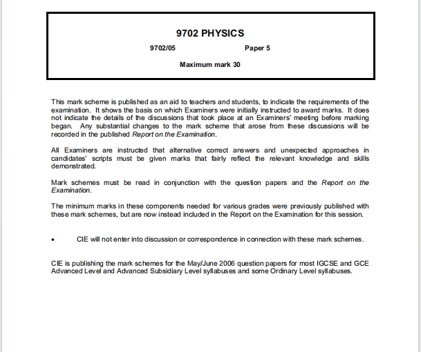 Alevel剑桥物理2006年真题评分方案下载《Cambridge A-Level Physics Paper 5 Mark Scheme May/June 2006》