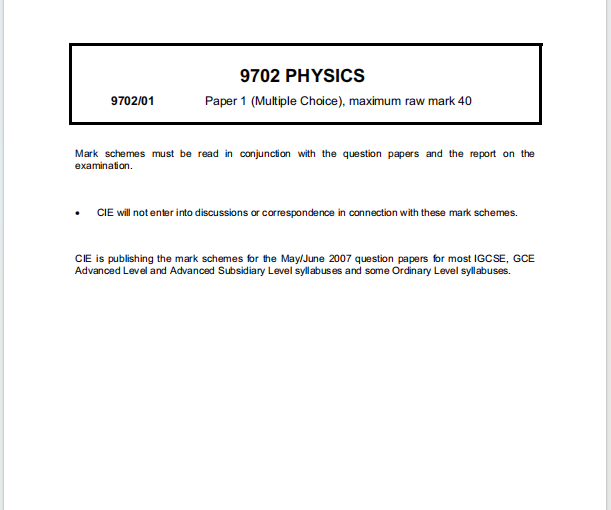 Alevel剑桥物理2007年真题评分方案下载《Cambridge A-Level Physics Paper 1 Multiple Choice Mark Scheme May/June 2007》