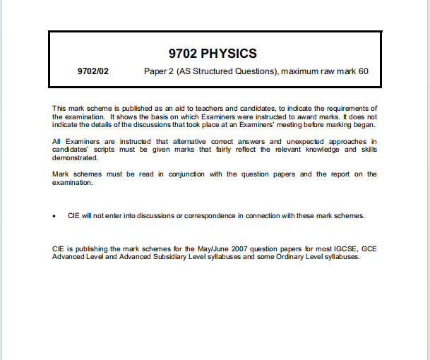Alevel剑桥物理2007年真题评分方案下载《Cambridge A-Level Physics Paper 2 AS Structured Questions Mark Scheme May/June 2007》