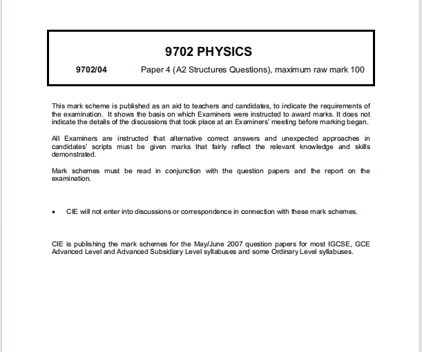 Alevel剑桥物理2007年真题评分方案下载《Cambridge A-Level Physics Paper 4 AS Structured Questions Mark Scheme May/June 2007》