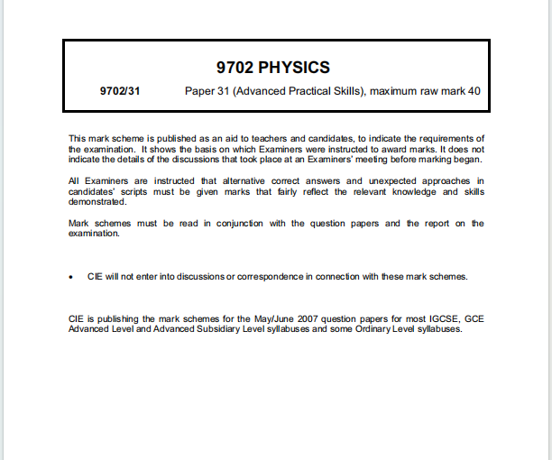 Alevel剑桥物理2007年真题评分方案下载《Cambridge A-Level Physics Paper 31 Advanced Practical Skills Mark Scheme May/June 2007》
