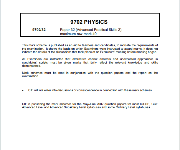 Alevel剑桥物理2007年真题评分方案下载《Cambridge A-Level Physics Paper 32 Advanced Practical Skills 2 Mark Scheme May/June 2007》