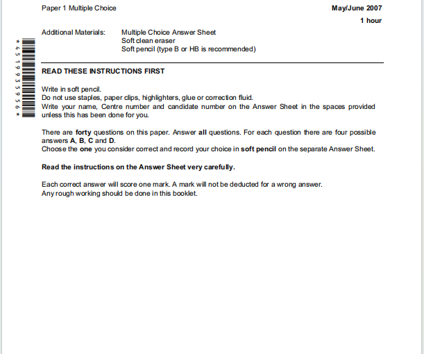 Alevel剑桥物理2007年真题下载《Cambridge A-Level Physics Paper 1 Multiple Choice May/June 2007》
