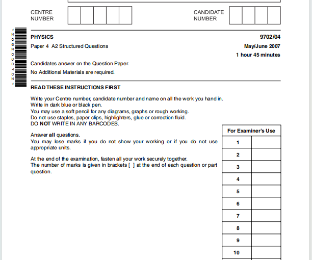 Alevel剑桥物理2007年真题下载《Cambridge A-Level Physics Paper 4 A2 Structured Questions May/June 2007》