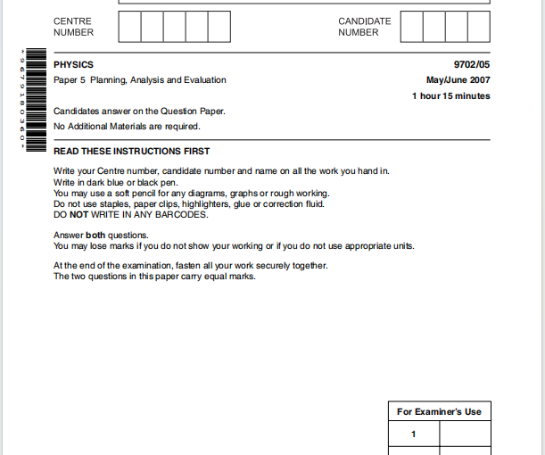 Alevel剑桥物理2007年真题下载《Cambridge A-Level Physics Paper 5 Planning Analysis and Evaluation May/June 2007》