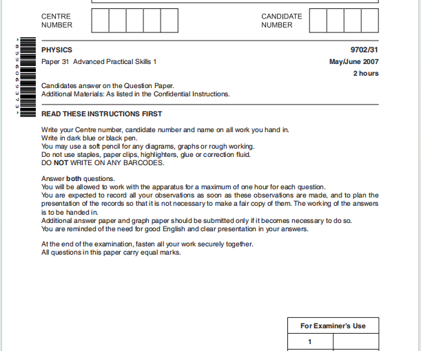 Alevel剑桥物理2007年真题下载《Cambridge A-Level Physics Paper 31 Advanced Practical Skills 1 May/June 2007》