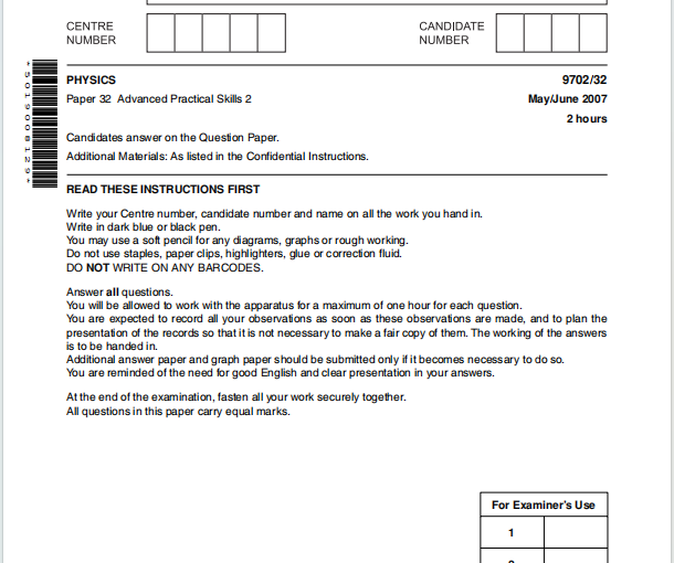 Alevel剑桥物理2007年真题下载《Cambridge A-Level Physics Paper 32 Advanced Practical Skills 2 May/June 2007》