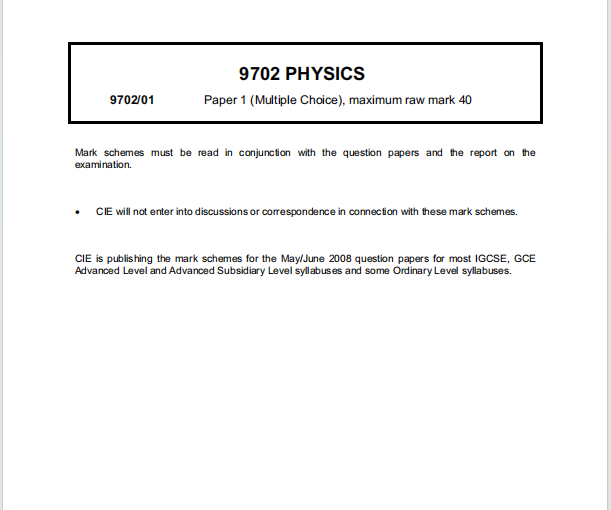 Alevel剑桥物理2008年真题评分方案下载《Cambridge A-Level Physics Paper 1 Multiple Choice Mark Scheme May/June 2008》