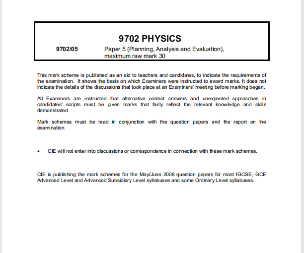 Alevel剑桥物理2008年真题评分方案下载《Cambridge A-Level Physics Paper 5 Planning Analysis and Evaluation Mark Scheme May/June 2008》