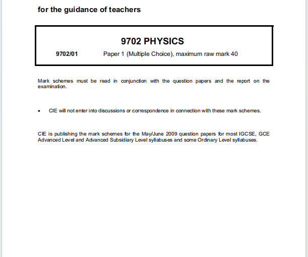 Alevel剑桥物理2009年真题评分方案下载《Cambridge A-Level Physics Paper 1 Multiple Choice Mark Scheme May/June 2009》