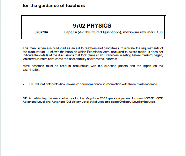 Alevel剑桥物理2009年真题评分方案下载《Cambridge A-Level Physics Paper 4 A2 Structured Questions Mark Scheme May/June 2009》