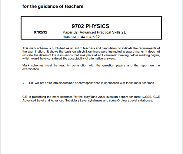 Alevel剑桥物理2009年真题评分方案下载《Cambridge A-Level Physics Paper 32 Advanced Practical Skills 2 Mark Scheme May/June 2009》