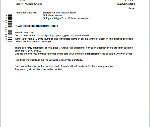 Alevel剑桥物理2009年真题下载《Cambridge A-Level Physics Paper 1 Multiple Choice May/June 2009》