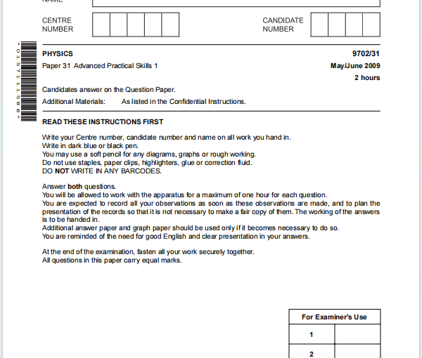 Alevel剑桥物理2009年真题下载《Cambridge A-Level Physics Paper 31 Advanced Practical Skills 1 May/June 2009》