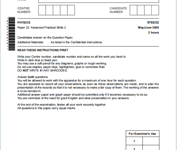Alevel剑桥物理2009年真题下载《Cambridge A-Level Physics Paper 32 Advanced Practical Skills 2 May/June 2009》