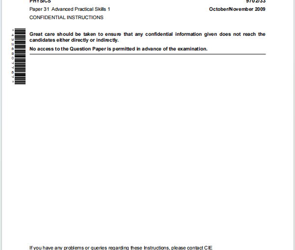 Alevel剑桥物理2009年真题下载《Cambridge A-Level Physics Paper 33 Advanced Practical Skills 1 October/November 2009》