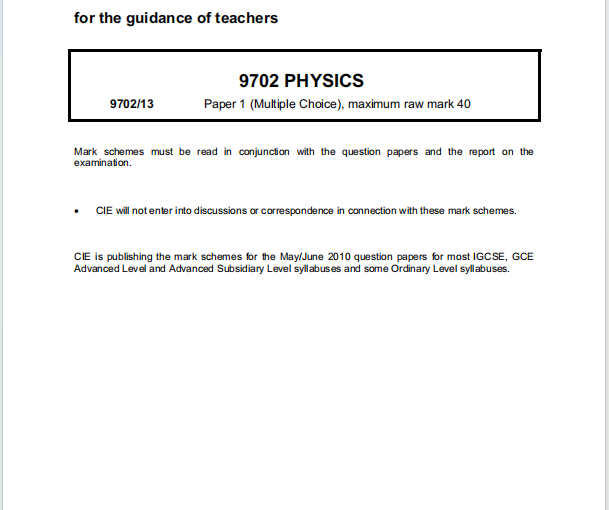 Alevel剑桥物理2010年真题评分方案下载《Cambridge A-Level Physics Paper 1 Multiple Choice Mark Scheme May/June 2010》