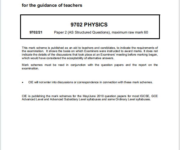 Alevel剑桥物理2010年真题评分方案下载《Cambridge A-Level Physics Paper 2 AS Structured Questions Mark Scheme May/June 2010》
