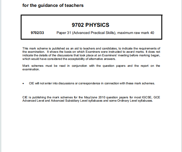 Alevel剑桥物理2010年真题评分方案下载《Cambridge A-Level Physics Paper 31 Advanced Practical Skills Mark Scheme May/June 2010》