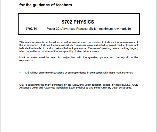 Alevel剑桥物理2010年真题评分方案下载《Cambridge A-Level Physics Paper 32 Advanced Practical Skills Mark Scheme May/June 2010》