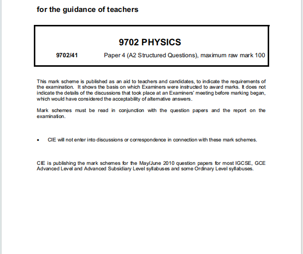 Alevel剑桥物理2010年真题评分方案下载《Cambridge A-Level Physics Paper 4 A2 Structured Questions Mark Scheme May/June 2010》
