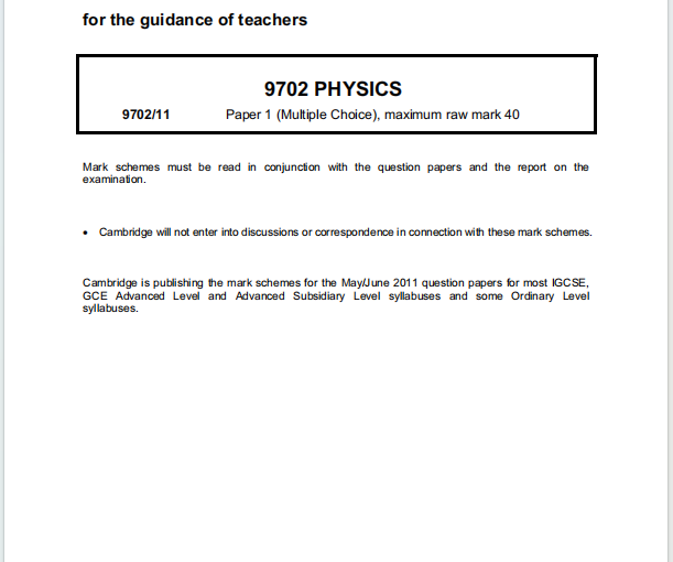 Alevel剑桥物理2011年真题评分方案下载《Cambridge A-Level Physics Paper 1 Multiple Choice Mark Scheme May/June 2011》