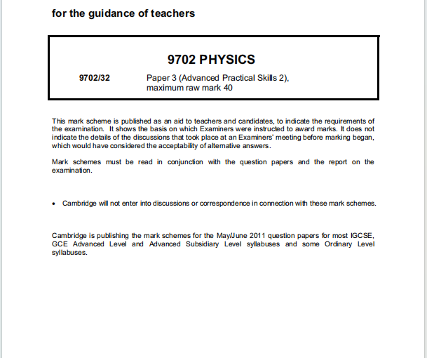 Alevel剑桥物理2011年真题评分方案下载《Cambridge A-Level Physics Paper 3 Advanced Practical Skills 2 Mark Scheme May/June 2011》