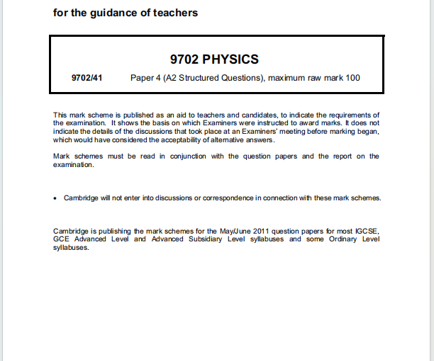 Alevel剑桥物理2011年真题评分方案下载《Cambridge A-Level Physics Paper 4 A2 Structured Questions Mark Scheme May/June 2011》