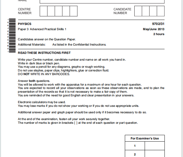 Alevel剑桥物理2013年真题下载《Cambridge A-Level Physics Paper 3 Advanced Practical Skills 1 May/June 2013》